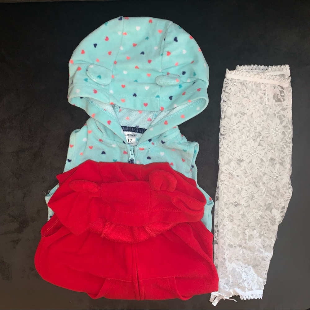 12mo lot Fleece Vests & Lace Tights